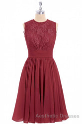 Burgundy Lace Sleeveless Backless A-Line Short Bridesmaid Dresses